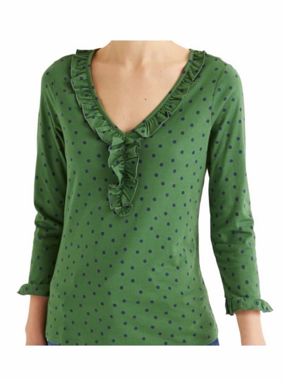 Boden Womens Green Blue Polka Dot 3/4 Sleeve Modal Ruffle V-Neck Pullover Top 6